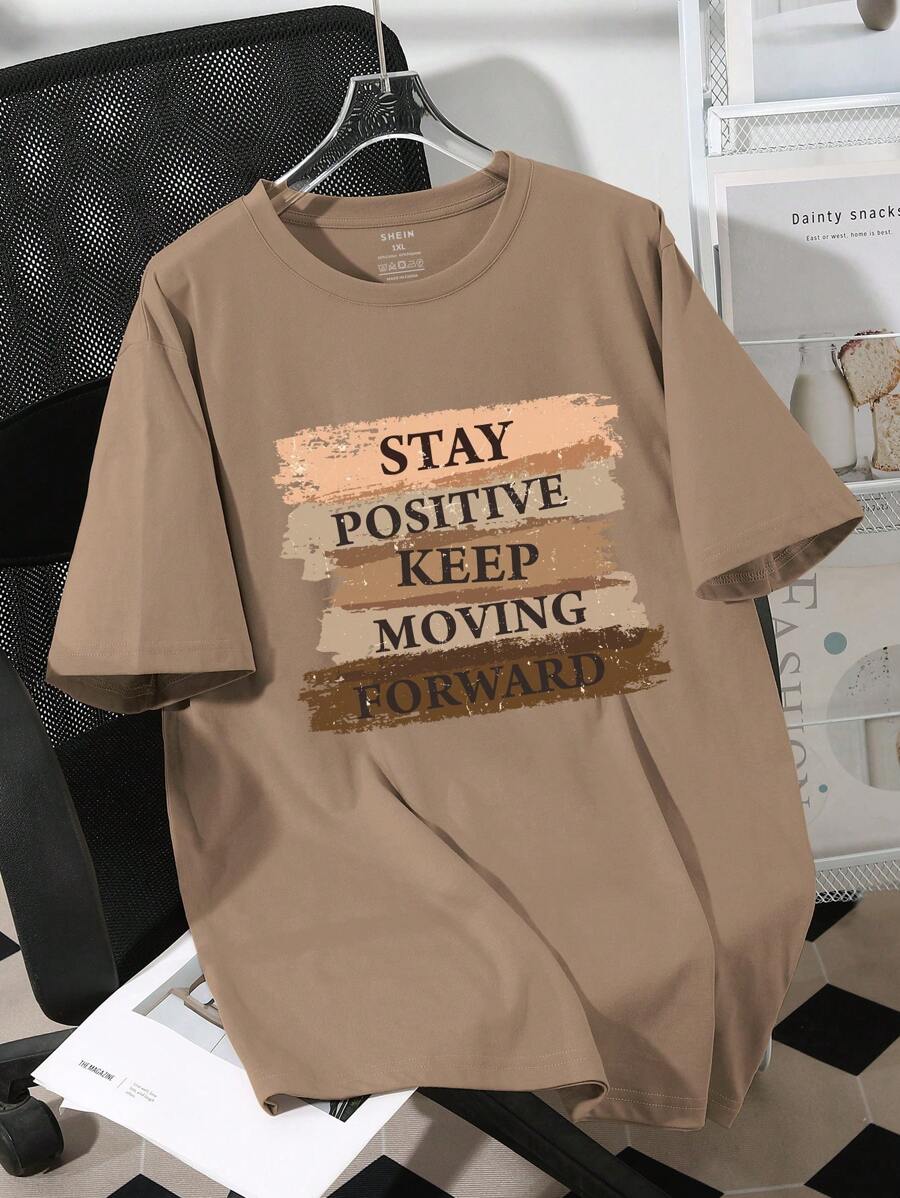 Plus Size Summer Casual Slogan Print Short Sleeve T-Shirt - Mocha Brown - View 1