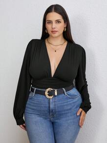 SHEIN Tall CURVE Plus Size Women Black Solid Color Ruffled Lantern Sleeve Adult Bodysuit, Summer Outfits For Women, Concert Outfit Women, Rave Outfits Festival, Streetwear For Women, Graduation Outfit Women - Black - View 6