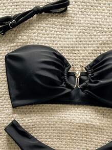 Swim Chiccia Bộ đồ bơi bikini gợi cảm 2 mảnh dây mảnh màu trơn mùa hè cho nữ - màu đen - Xem 3