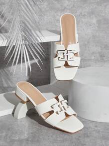 SHUZIA 畅销女式 H 扣装饰方头低跟亮面白色拖鞋 - 奢华风格、百搭且舒适 - 白色 - 查看 5