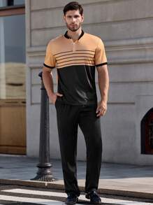 Manfinity Homme Men's Striped Button Half Placket Short Sleeve Casual T-Shirt Polos For Men - Brown - View 5