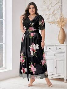Modelyn Plus Size Women's Floral Printed V-Neck Dress Long Evening Dresses - Black - View 5