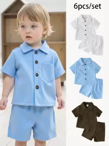 SHEIN Vintaside Kids 6pcs Baby Boy Infant Casual Simple Comfortable Fabric Collar Shirt And Shorts Multi-Color Set, Suitable For Summer - Multicolor - View 3