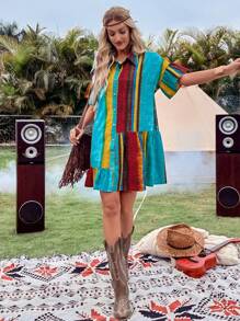 Breezaya 标准尺寸女式条纹图案印花领休闲度假音乐节直筒迷你连衣裙 - 彩色 - 查看 1
