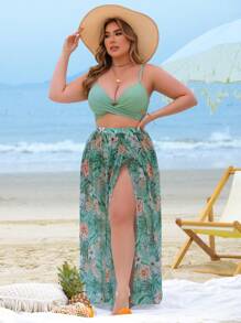 Swim Vcay Summer 3pcs Plus Size Women Holiday Beach Print Padded Push Up Bikini Set With Skirt
