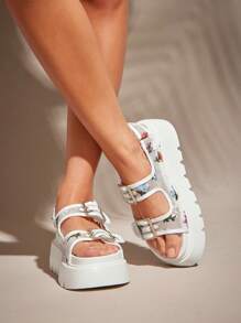 SHUZIA Women Minimalist Double Buckle Mesh Woven Wedge Sandals With Thick Sole & High Heel Spring Shoes Spring Break Easter - White - View 2