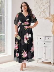 Modelyn Plus Size Women's Floral Printed V-Neck Dress Long Evening Dresses - Black - View 1