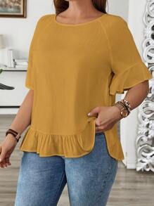 EMERY ROSE Plus Size Women Solid Color Round Neck Raglan Sleeve Ruffle Hem Casual Shirt - Yellow - View 4