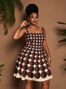 Maweii Plus Size Square Neck Geometric Circle Ombre A-Line Camisole Dress - Multicolor - View 3