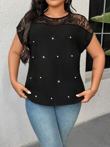 SHEIN LUNE Plus Size Women T-Shirt With Mesh & Lace Trim, Casual Fashionable Design Suitable For Summer - Black - View 4