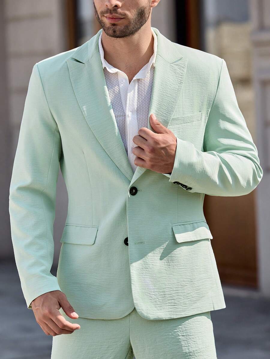Manfinity Mode Men's Solid Color Lapel Collar Casual 2 Pieces Suit Set (Jacket & Pants) Prom Suit For Men Blazer For Men - Mint Green - View 1