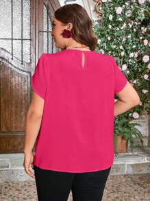 SHEIN Clasi Plus Size Casual & Office Wear Solid Color Lace Patchwork Shirt - Hot Pink - View 2