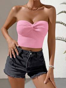 SHEIN VCAY Women's Baby Pink Strapless Knit Crop Top: Casual Sleeveless Summer Twist Front Knit Top - Baby Pink - View 5