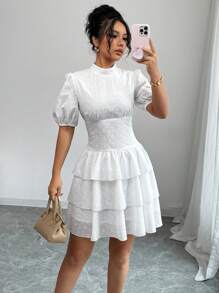 Elenzga Women Short Puff Sleeve Embroidered Collar Mini Dress - White - View 5