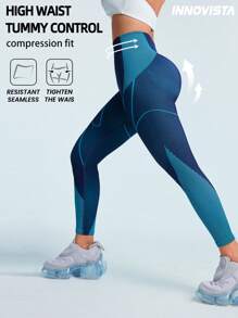 Innovista Leggings deportivos sin costura, elásticos y de cintura alta con control y compresión del abdomen, con diseño de líneas azules dinámicas, aptos para ciclismo, bicicleta, running, cardio, fuerza, pilates, boxeo, exterior, senderismo, campamento, trail, yoga, voleibol, festivales de música, fiestas, capa base, Y2K, primavera, ropa deportiva inicial