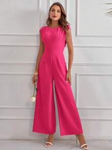 SHEIN Clasi Mono palazzo de mujer elegante de unicolor con cuello redondo, mangas cortas y bolsillos - Rosa Fucsia - Ver 3