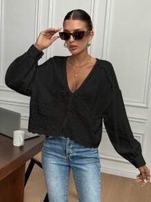 Serisse Women's V-Neck Long Sleeve Solid Color Blouse, Minimalist Fashion Suitable For Summer Winter Black - Black - View 3
