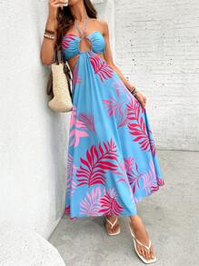 SHEIN VCAY Women's Vacation Sexy Plant Print Halter Backless Mid-Length Dress,Elegant, Women Dresses Vacation, Resort Dresses For Women, Women Clothing Summer Dresses, Beach Dresses For Women,Tropical Vacation Woman Clothes,Vacation - Blue - View 7
