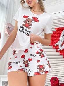 Cute Romantic Heart & Bear Print Women Pajama Set