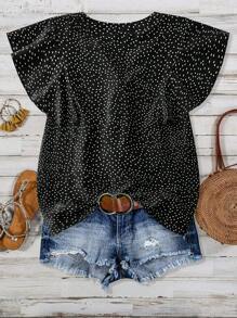 Linhara Blusa de mujer de tallas grandes con cuello en V, volantes y mangas abullonadas con lunares - Negro - Ver 2