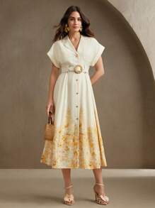 Anewsta Vestido elegante de festival para mujer, diseño de cuello con estampado floral, vestido camisa con cinturón de una sola hilera para fiestas, citas, primavera y verano