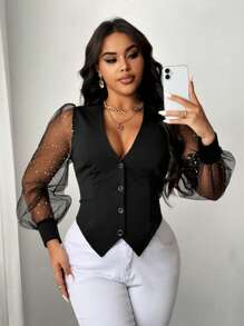 Celure Plus Size Women Sequin & Mesh Panel Blouse - Black - View 2
