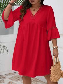 SHEIN VCAY Plus Size Bohemian Style Solid Color Simple Fashion Summer Dress Plus Size Christmas Red