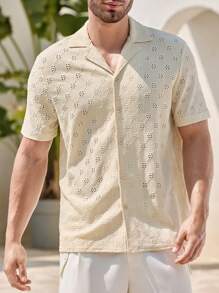 Manfinity RelaxMax 男士度假休闲纯色镂空刺绣衬衫男夏季衬衣男