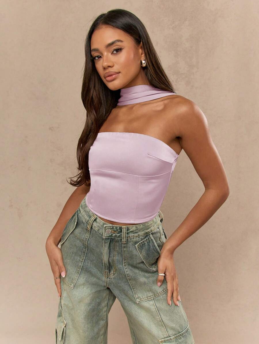 MISSGUIDED 缎面束腰领带领口紧身胸衣上衣无肩带派对俱乐部装夏季晚间外出正装时尚婚礼宾客上衣 - 紫丁香色 - 查看 1