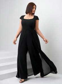 Chikora 大码女式方领短袖撞色网纱阔腿连体裤，适合派对、晚宴、生日等场合，也可作为优雅礼服穿着。这款连体裤是夏季婚礼宾客的理想之选。 - 黑色 - 查看 7