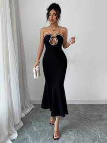 Elenzga Women's Rhinestone Decor Strapless Hollow-Out Fishtail Hem Elegant Dress - Black - View 6