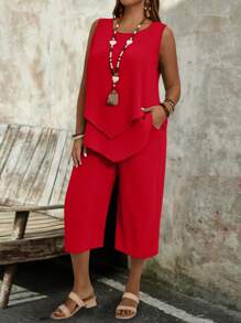 EMERY ROSE 大码女式简约中号紫色无袖上衣和七分裤 2 件套 - 紅色 - 查看 6