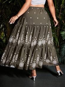 Flirla Plus Size Women's Printed Ruched Layered High-Low Hem Skirt, Hawaiian Style For Summer