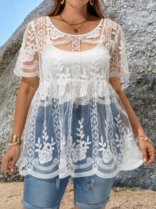 EMERY ROSE Plus Size Round Neck Embroidery Mesh See-Through Vacation Casual Blouse,Summer,Vacation Woman / Vacation,Boho - White - View 3