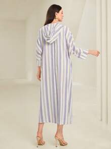 Al Najma 女士条纹简约阿拉伯风格连衣裙，适合夏季 - 紫色 - 查看 2