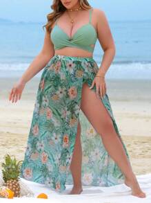 Swim Vcay Summer 3pcs Plus Size Women Holiday Beach Print Padded Push Up Bikini Set With Skirt