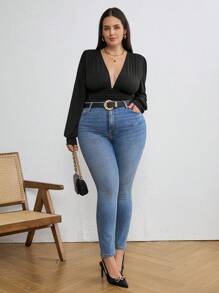 SHEIN Tall CURVE Plus Size Women Black Solid Color Ruffled Lantern Sleeve Adult Bodysuit, Summer Outfits For Women, Concert Outfit Women, Rave Outfits Festival, Streetwear For Women, Graduation Outfit Women - Black - View 5