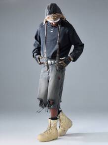 NEON BLANC Men's Street Fashion Embroidered Black Denim Shorts - Black - View 1