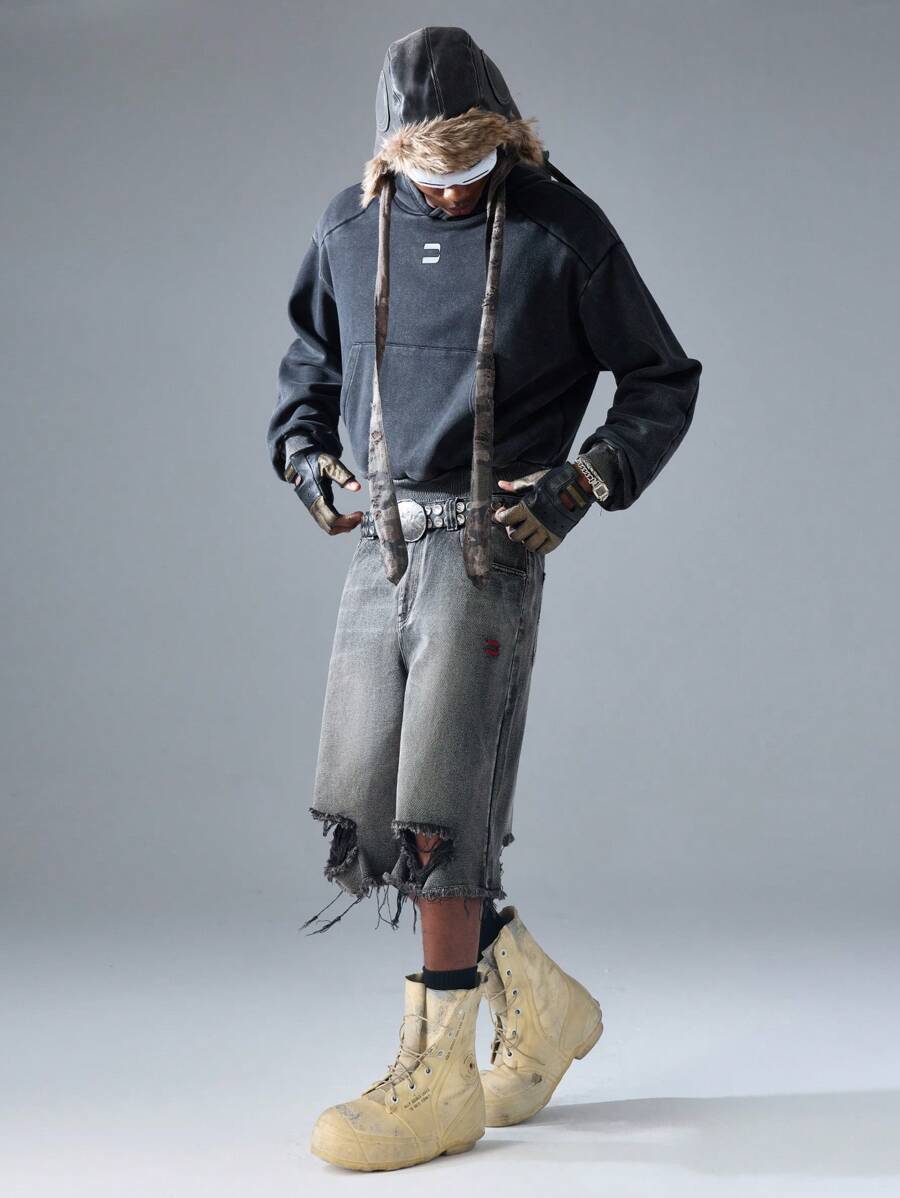 NEON BLANC Men's Street Fashion Embroidered Black Denim Shorts - Black - View 1