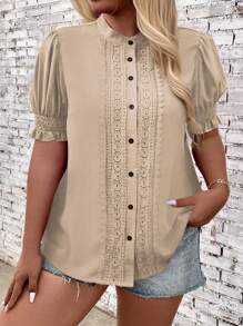 SHEIN LUNE 大码女式夏季纯色立领撞色蕾丝短款泡泡袖休闲衬衫女式衬衫 - 杏色 - 查看 3