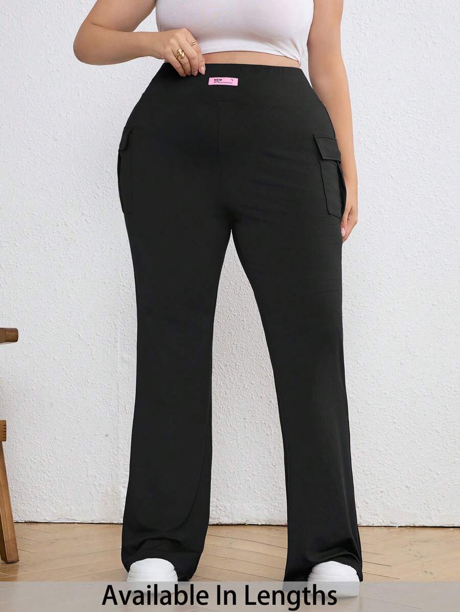 SHEIN Tall CURVE Plus Size Women Solid Color Elastic Flare Pants With Pockets, Summer For Women, Graphic Women, Concert Women, Rave Festival, Streetwear For Women, Graduation Women Pants - Black - View 1