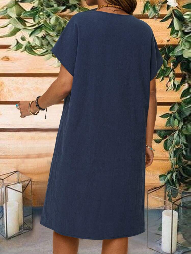 Plus Size Women Country Casual V-Neck Blue Floral Print Short Sleeve Straight Casual Dress,Suitable For Summer,Vacation Outfits Woman,Casual Everyday Wear,Flower/Spring