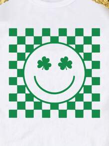 SHEIN Tween Girls Creative Checkerboard, Smiling Face & Clover Print Casual Basic Short Sleeve T-Shirt
