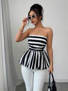 Breezaya Strapless Ruched Contrast Stripe Bandeau Peplum Tulle Top - Black and White - View 1