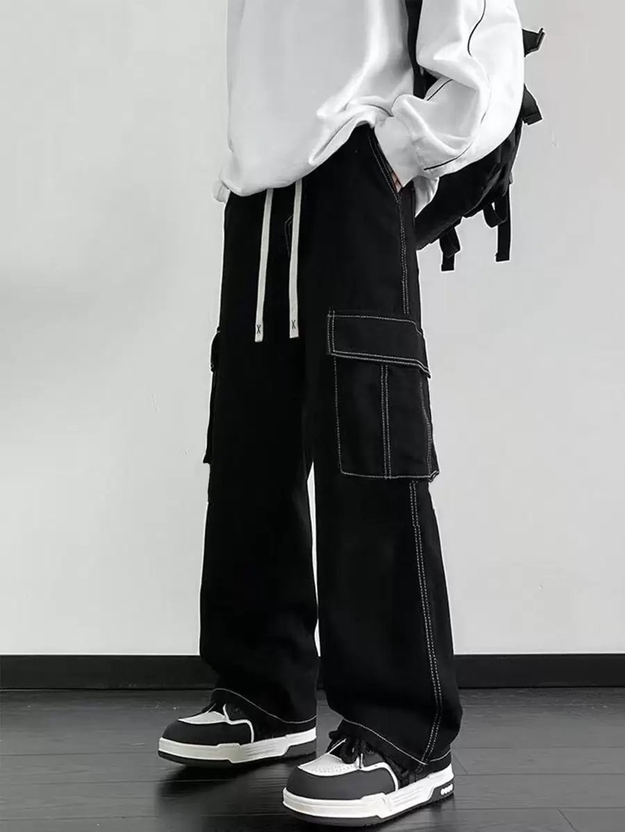 Claim Dot 男士休闲抽绳腰阔腿工装裤，秋季 - 黑色 - 查看 1