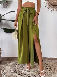 Breezaya Women's Textured Fabric Waist Tie Pants - Army Green - View 3