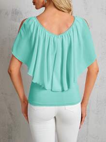 SHEIN Clasi Women's Solid Color Ruffled Off Shoulder Loose Casual T-Shirt - Mint Blue - View 2