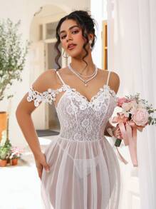 طقم قطعتين: فستان قطعة من الدانتيل + سروال داخلي، ملابس نوم نسائية بطباعة زهور رومانسية، مناسبة للزفاف - أبيض - مشاهدة 3