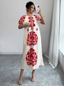 Chiquease Vacation Leisure Placement Print Lantern Sleeve Dress