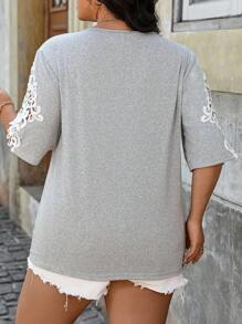 INAWLY Plus Size Summer Casual Lace Patchwork Short Sleeve T-Shirt - Light Grey - View 2